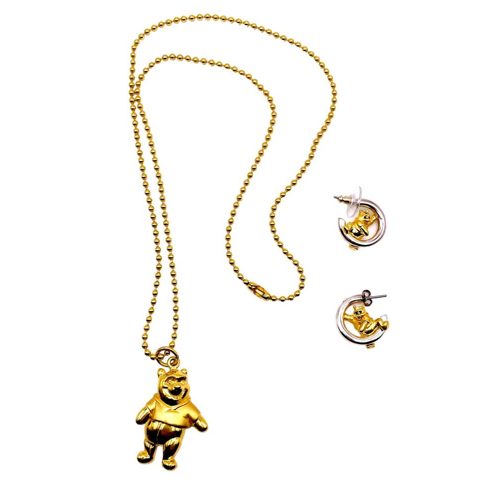 Disney Winnie The Pooh Gold Tone 23" Necklace Articulated Pendant Earrings Set